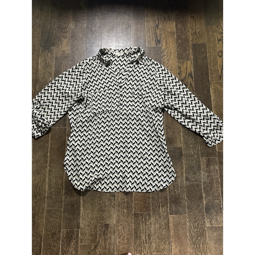 Pleione Womens Sz XL Geometric Chevron Blouse Black Beige Tab Sleeve Tunic Top